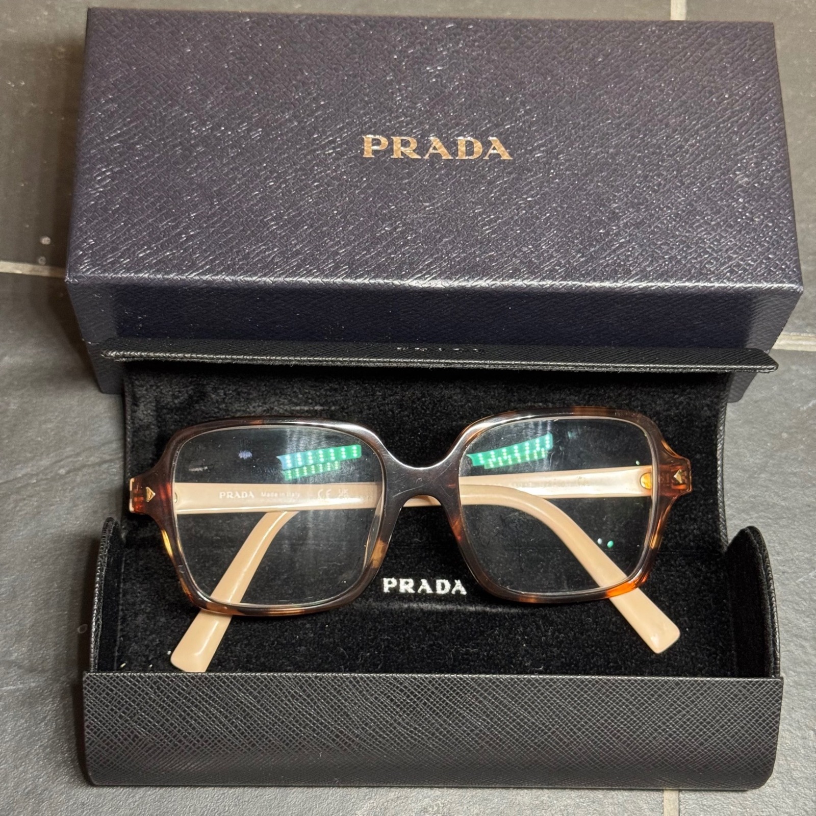 Y2k Style Prada Havana Caramel Tortoise Beige Square Frames Italy W Case & Box